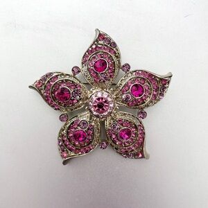 Vintage Pink faceted faux gemstones silver tone 5 petal flower brooch pin